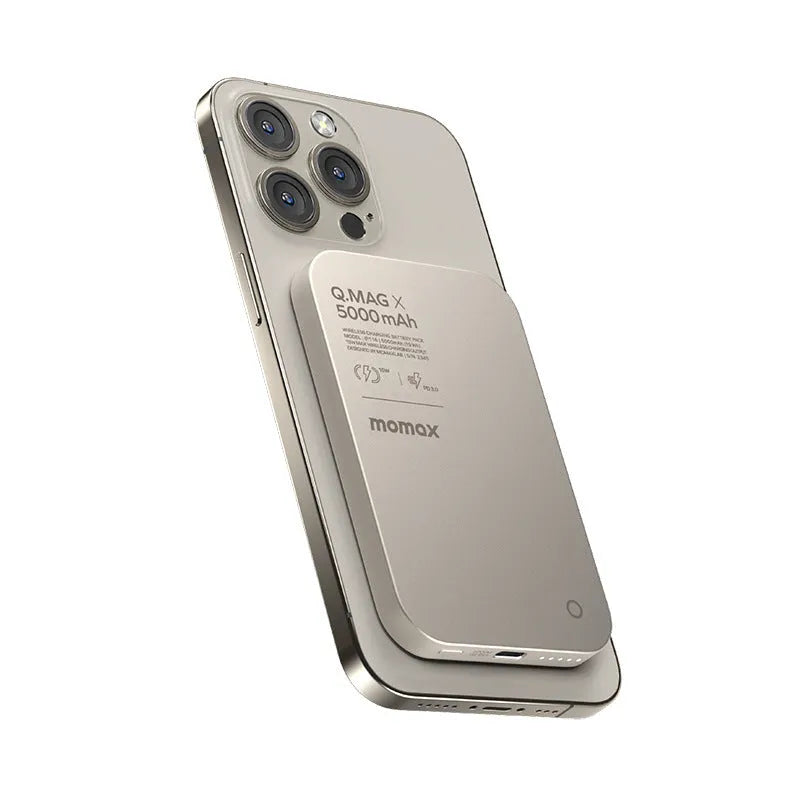 Black and titanium gold magnetic wireless power bank with an alloy metal shell.