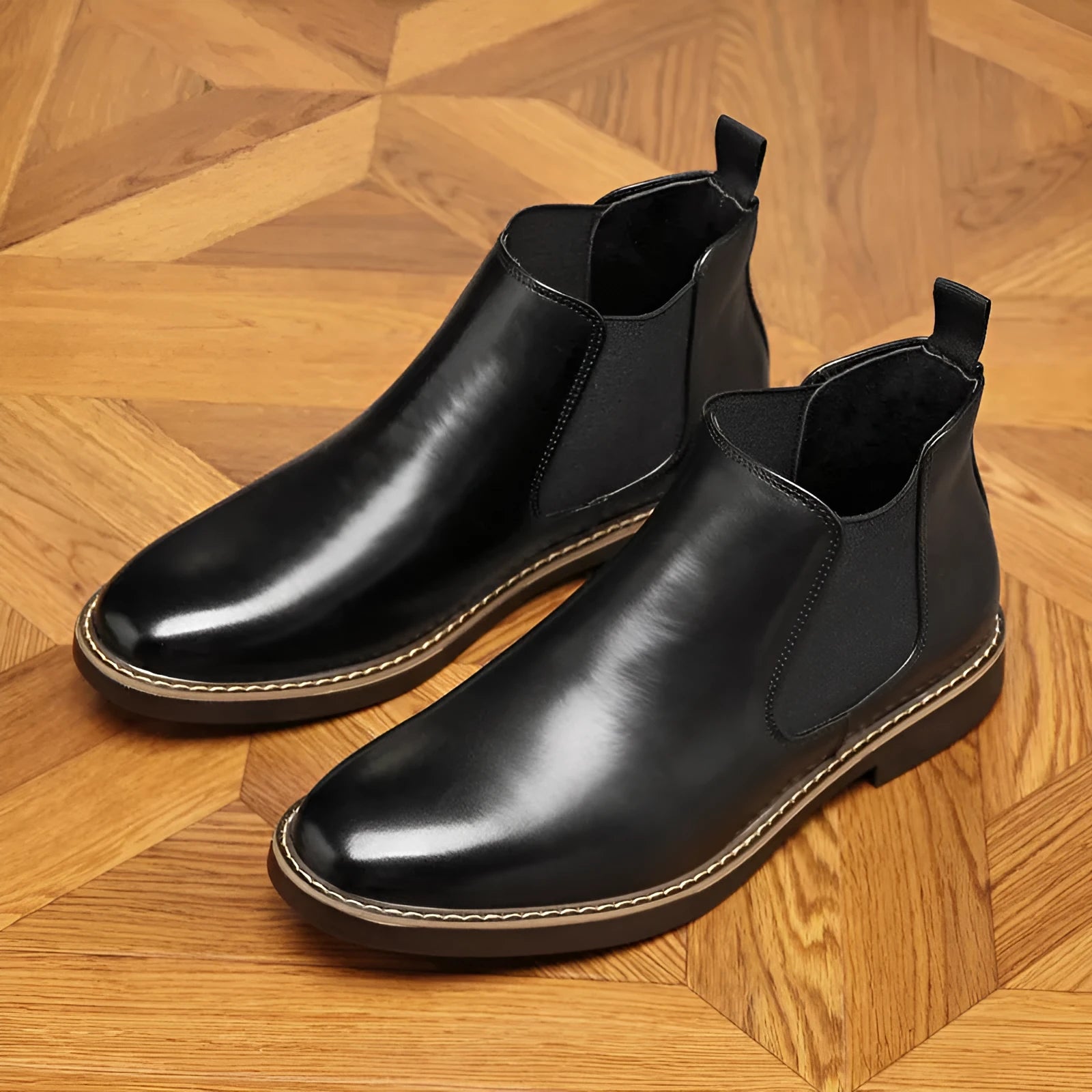 Men's black formal pointed-toe leather boots with a square heel on a white background.