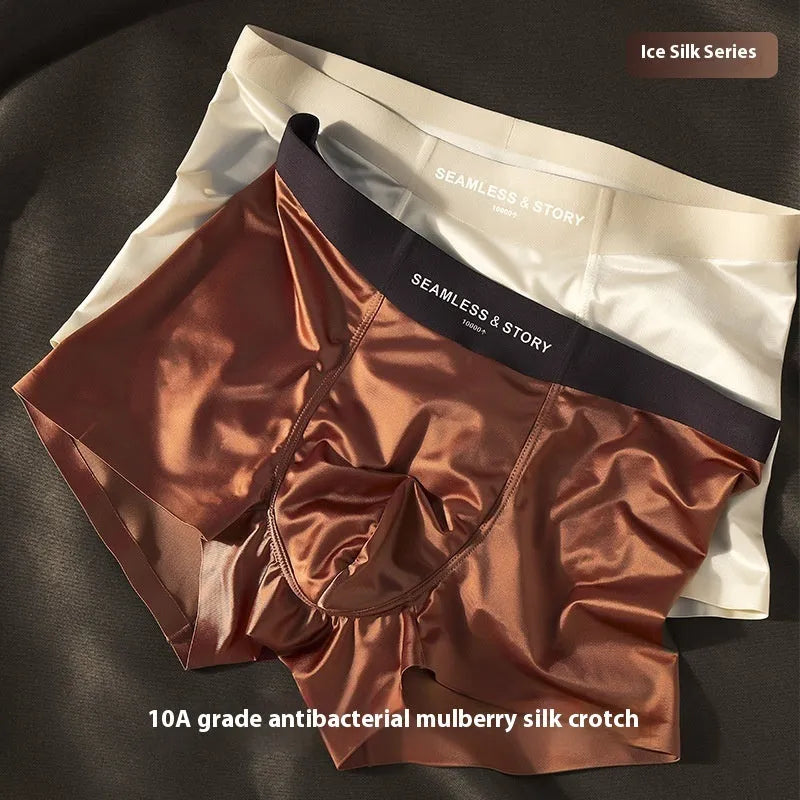 Men's ice silk underwear with satin finish in mid waist traceless design