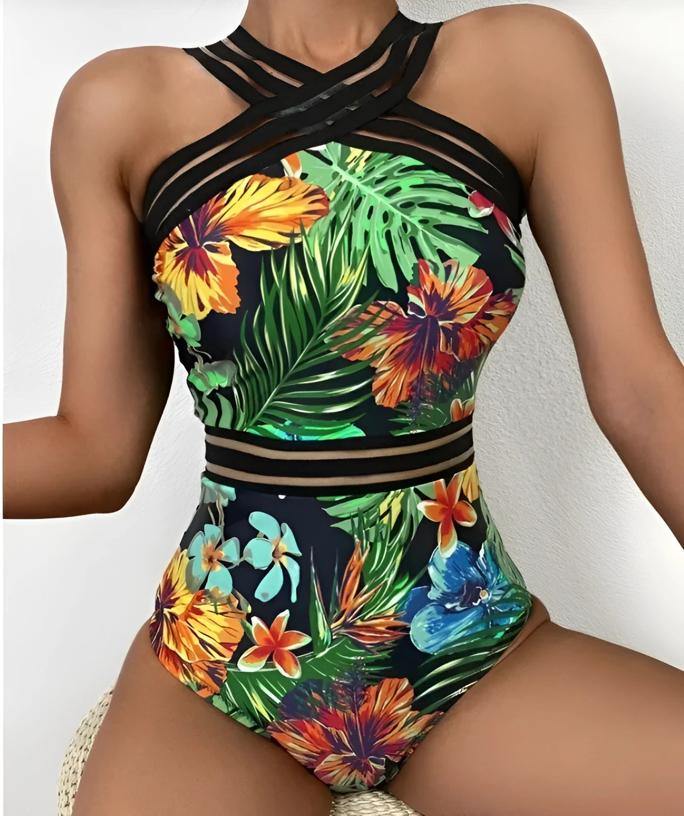 One-piece printed bikini for women in coloured floral pattern on polyester fabric
