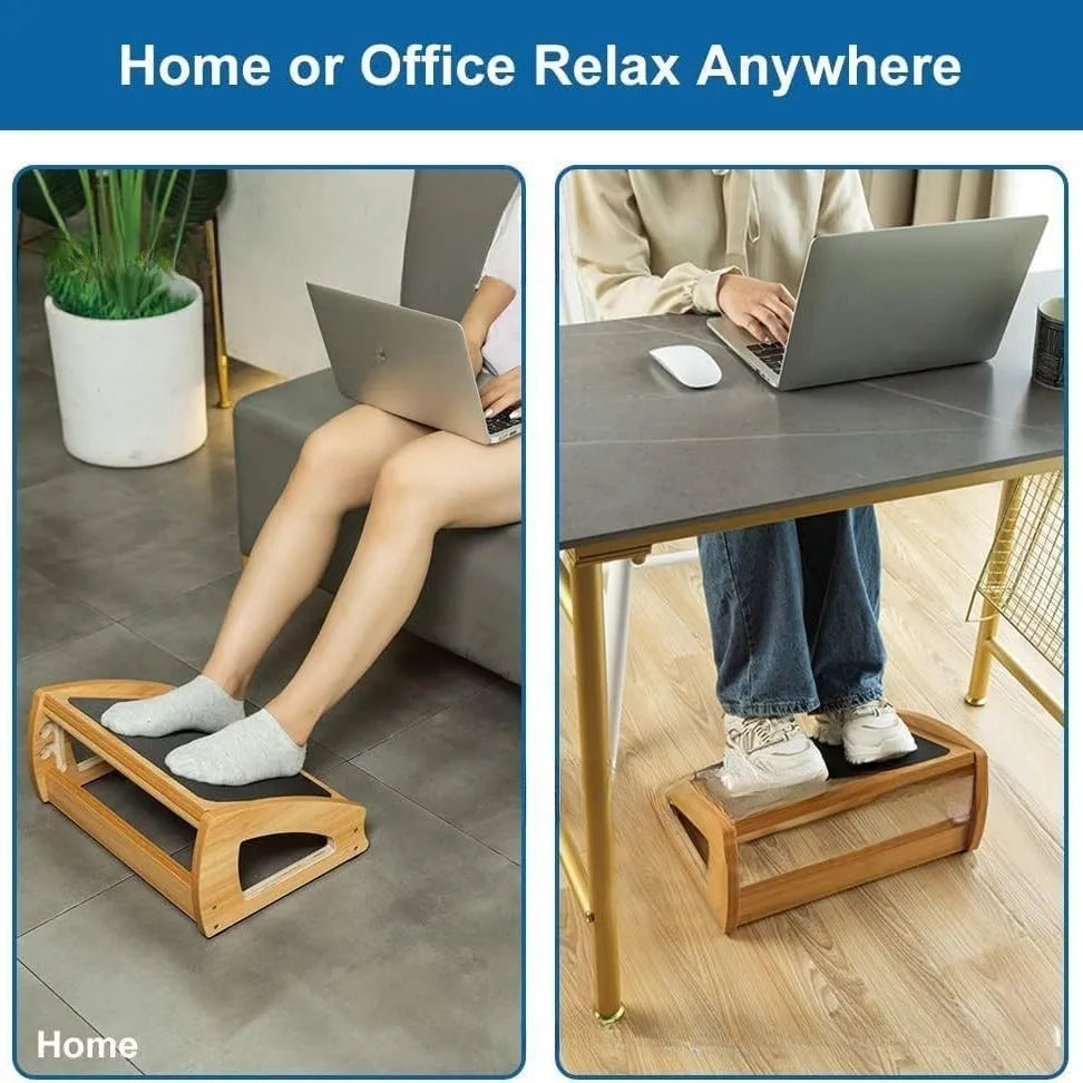 Adjustable bamboo office desk footstool in natural wood colour on a floor.