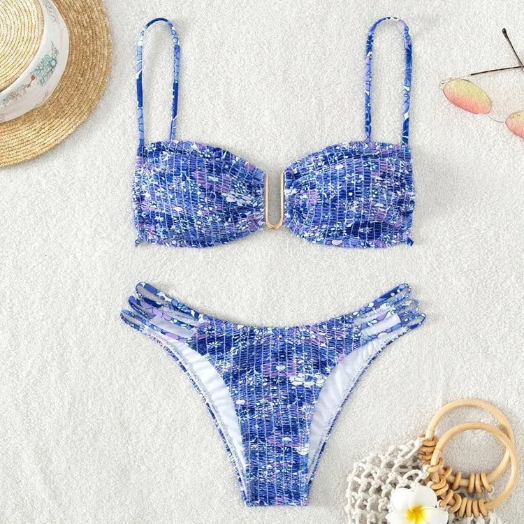Women's high-waist floral bikini swimsuit in nylon with bra and panty set
