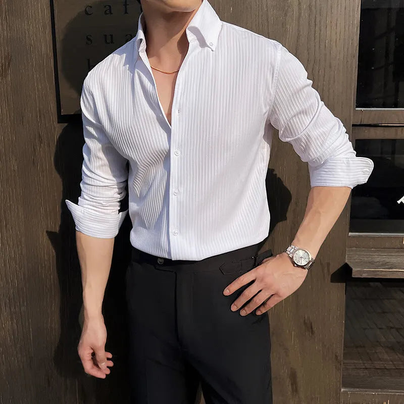Men's dark striped V-neck long sleeve shirt in chemical fibre blend fabric available in multiple sizes