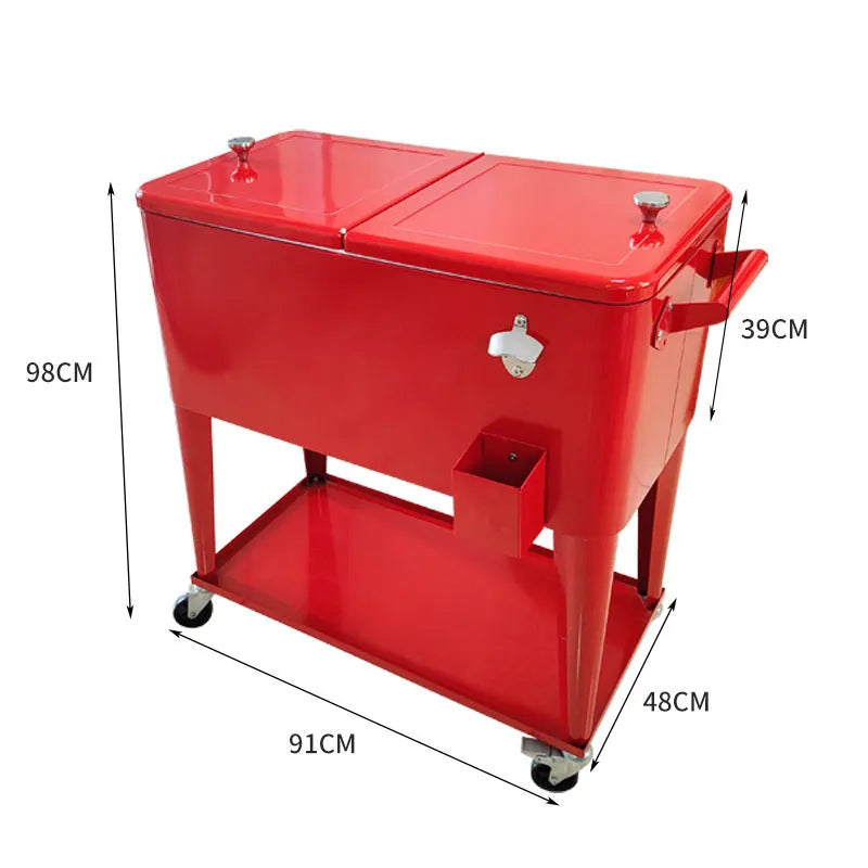 Red insulated trolley with iron frame and 750 capacity for outdoor cooling