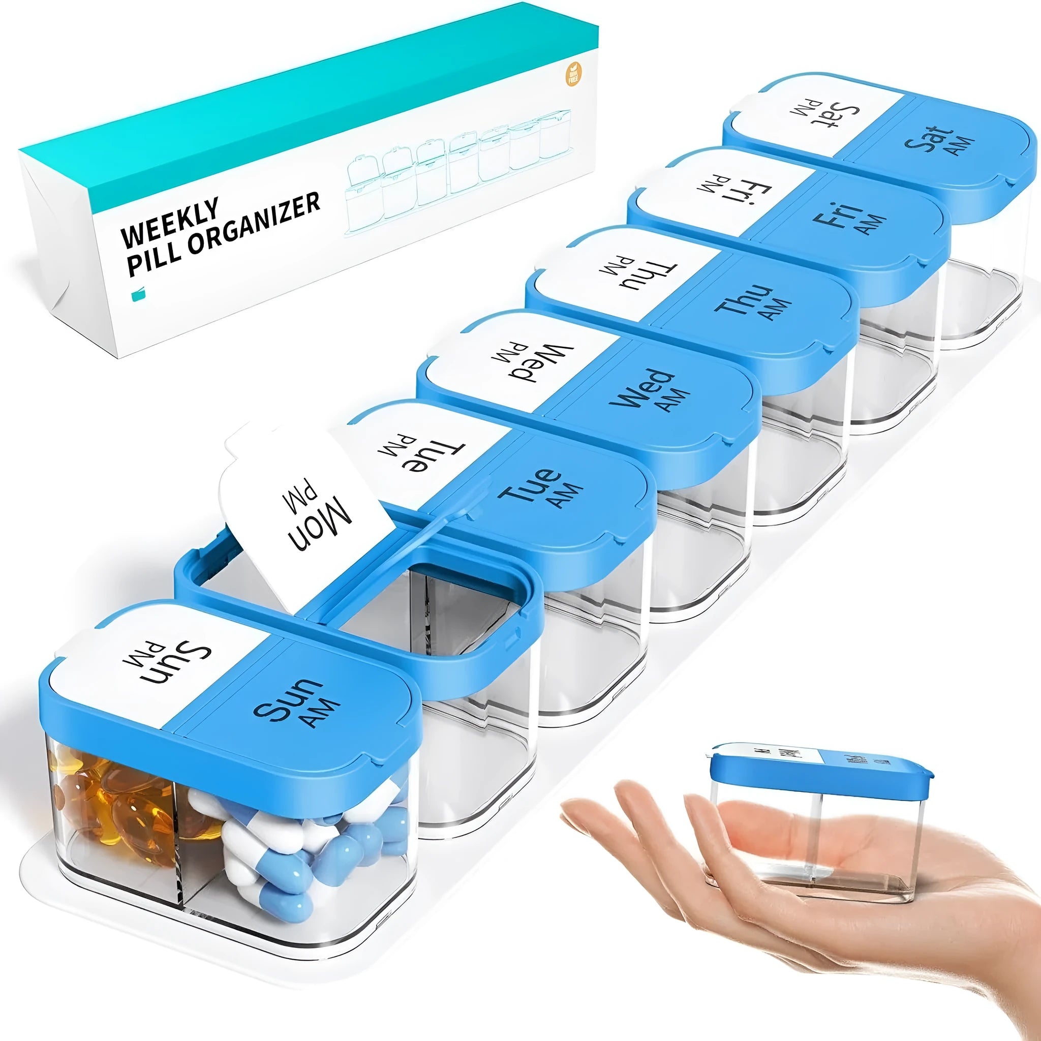 Extra large white and rainbow coloured plastic pill organiser with 14 removable compartments