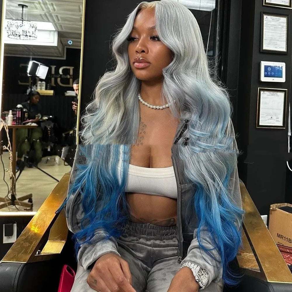 Grey blue gradient colour lace front human hair wig with 4x4 specifications and natural-looking hairline