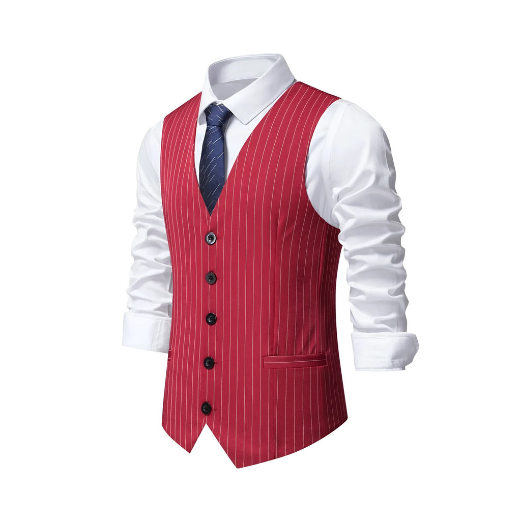 Man wearing a striped suit vest with embedded line pockets and a miter bottom hem.