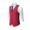 Man wearing a striped suit vest with embedded line pockets and a miter bottom hem.
