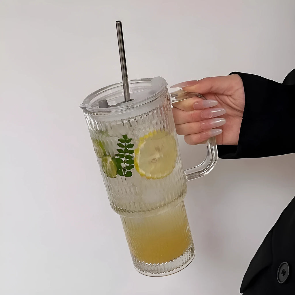 Solid colour 740ml manual blown glass cup with handle and optional straw