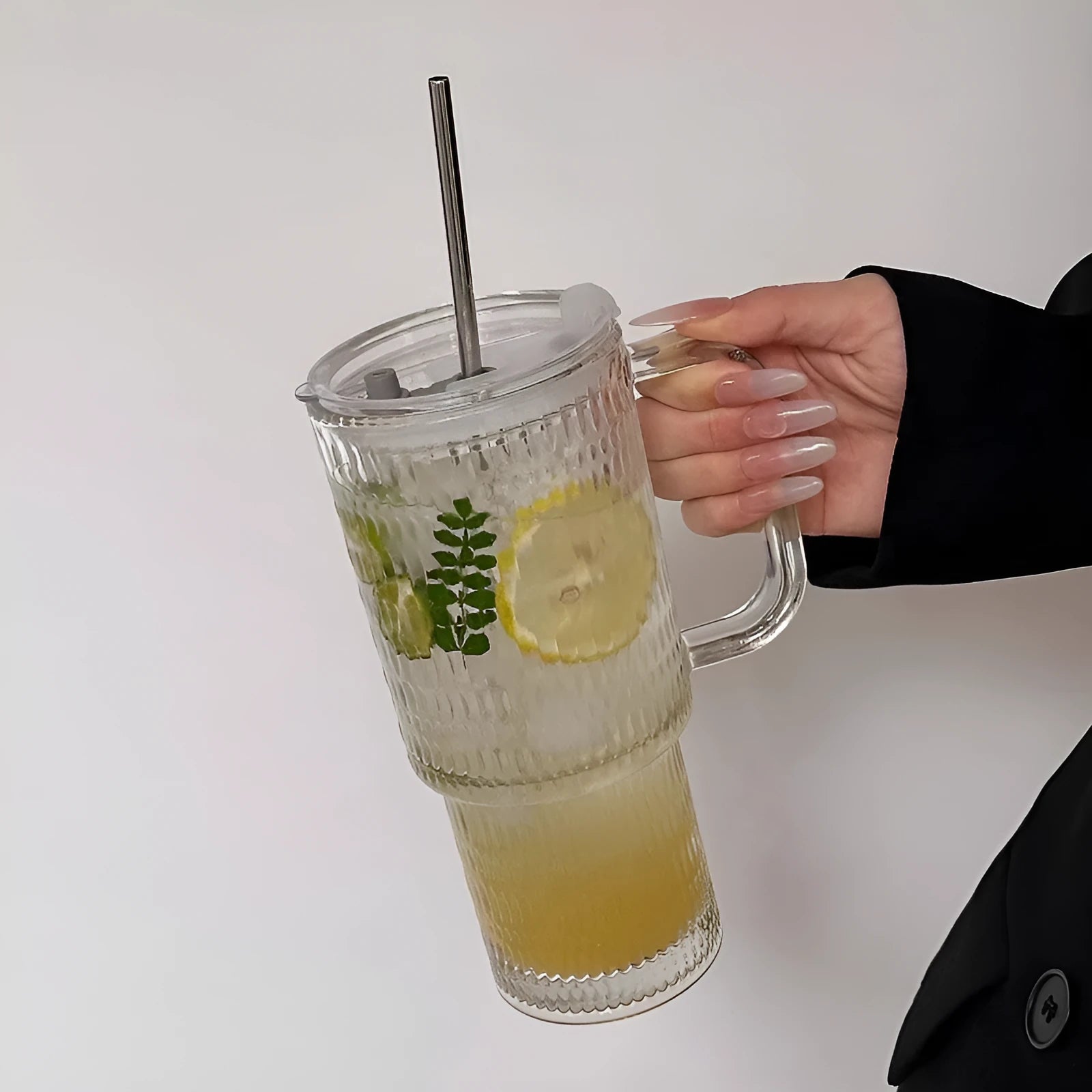 Solid colour 740ml manual blown glass cup with handle and optional straw