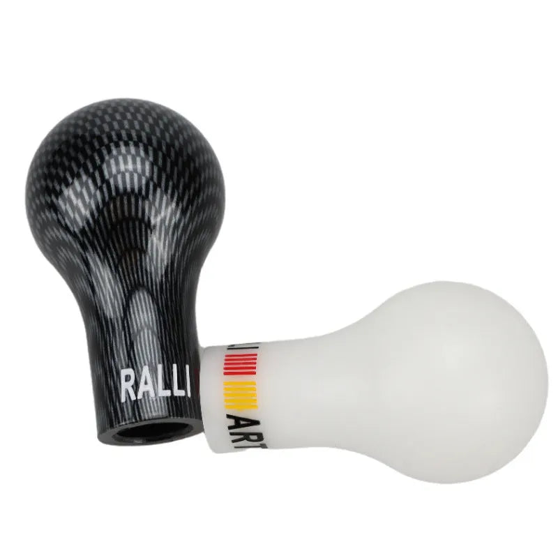 Manual automatic five-gear car gear head shifter in white, black, blue, red, and carbon fibre finishes.