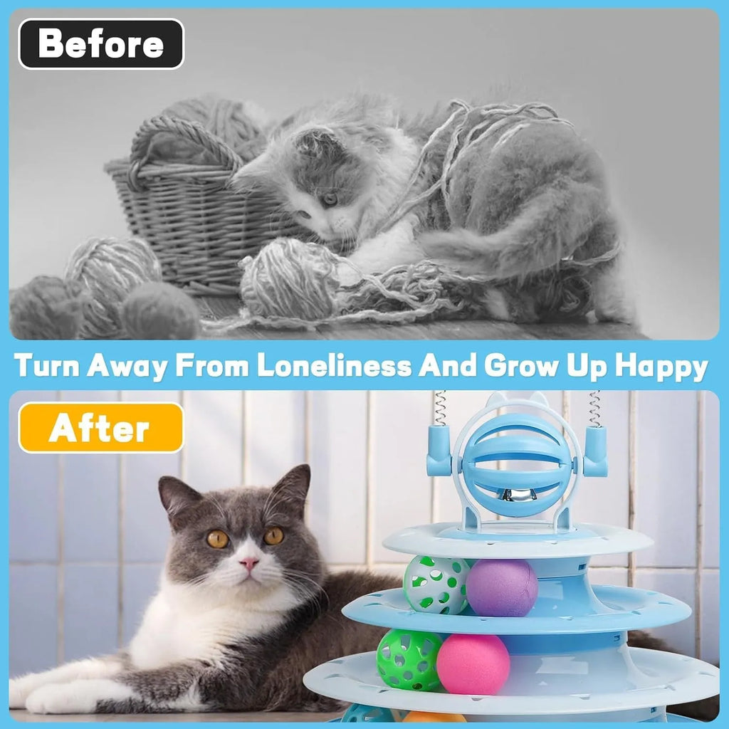 Interactive 4-tier cat puzzle toy with rotating carousel, 6 balls, and teasing rods in blue, green, or pink colours