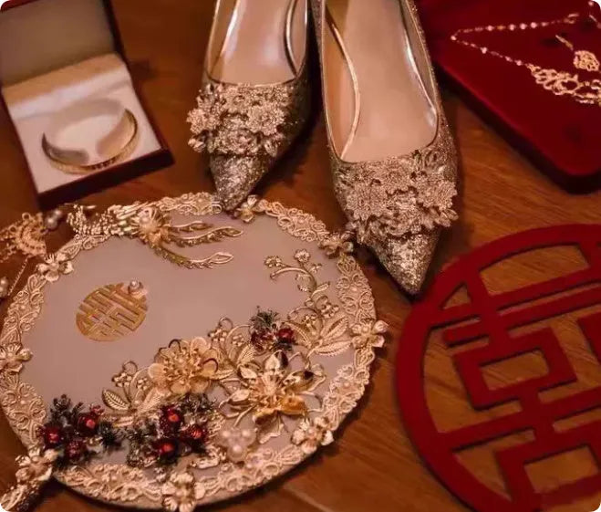 Xiuhe champagne wedding shoes with crystal rhinestones and pointed toe