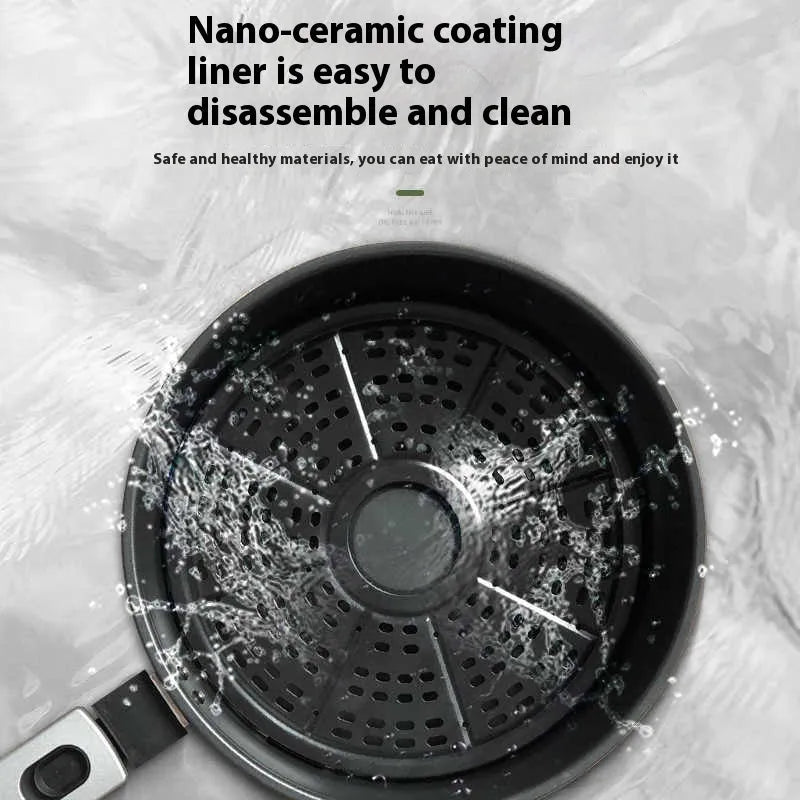 8-litre air fryer oven with visible window showing mechanical button controls and nano ceramic coating