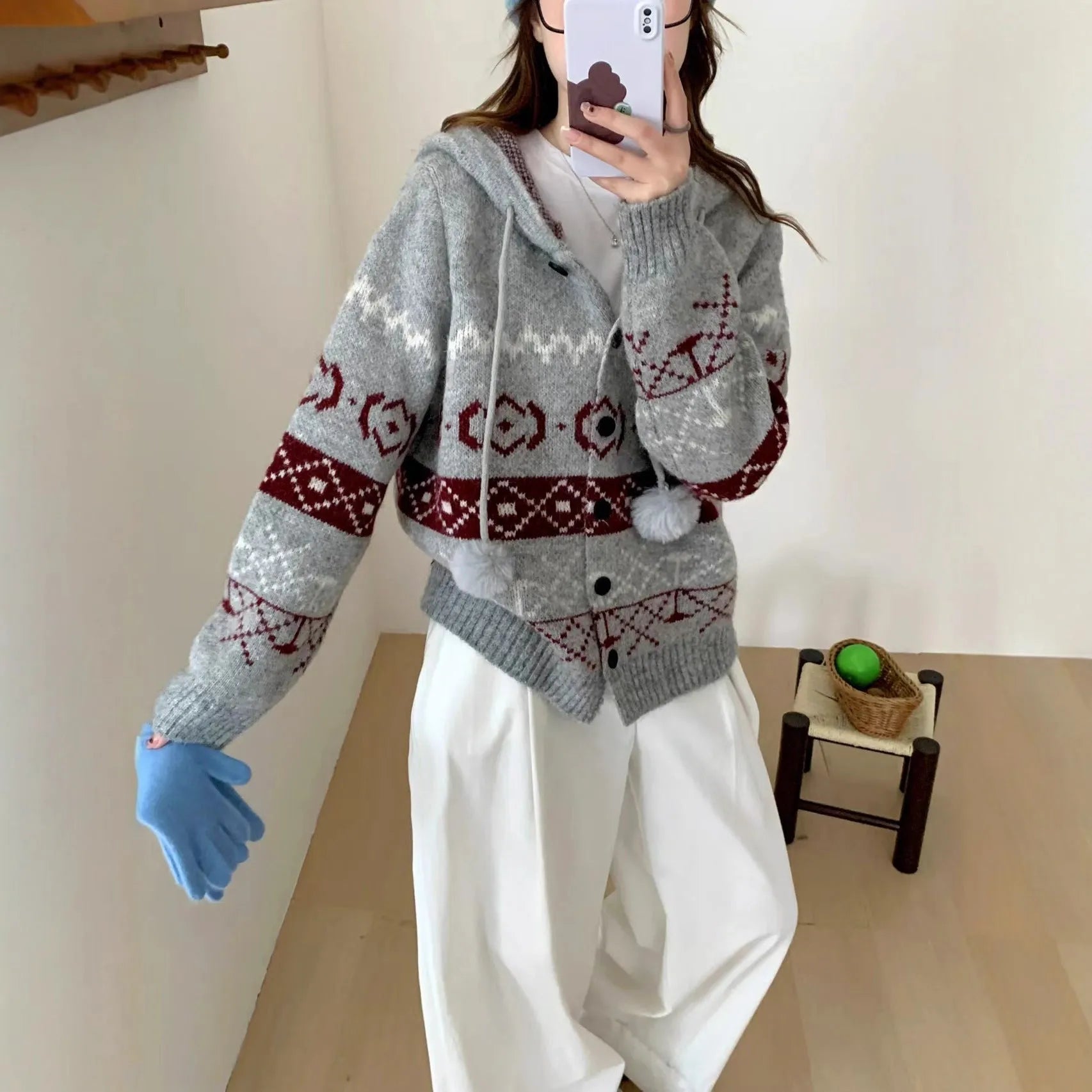 Women's plus size brocade sweater coat with geometric pattern in loose fit free size
