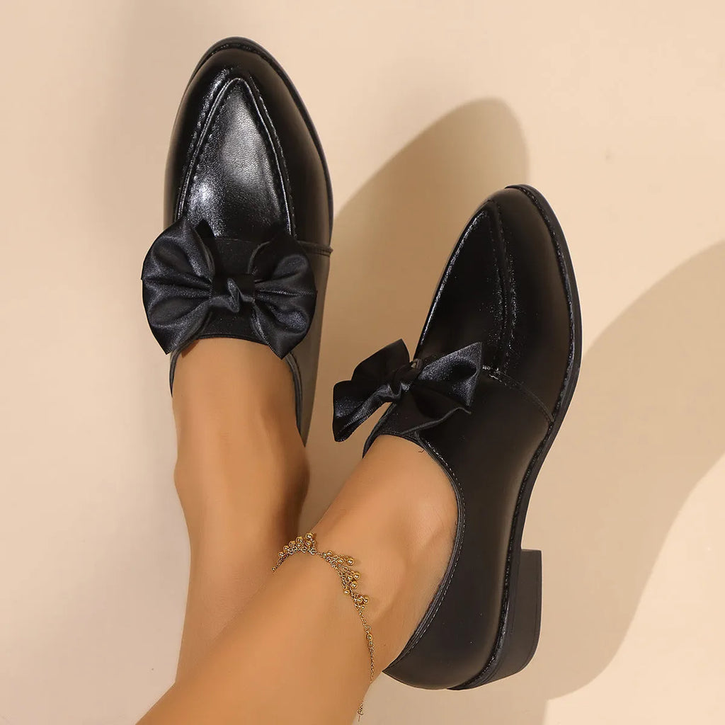 Women's simple brown leather-style loafers with a choice of big bow or small bowknot decoration.