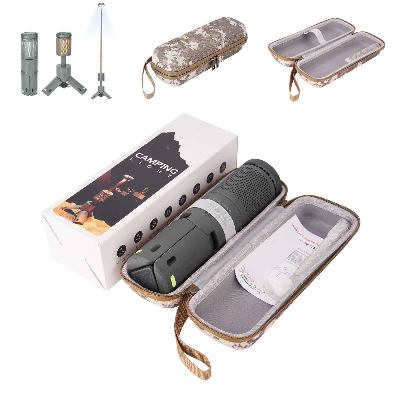 Portable LED camping light in creamy white or dark grey colour with button switch