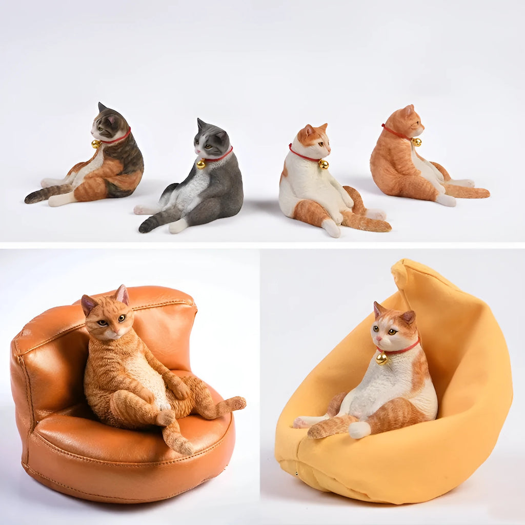 Lazy cat figurine on a small sofa, a 7.5cm tall resin car ornament for dashboard or shelf decoration.