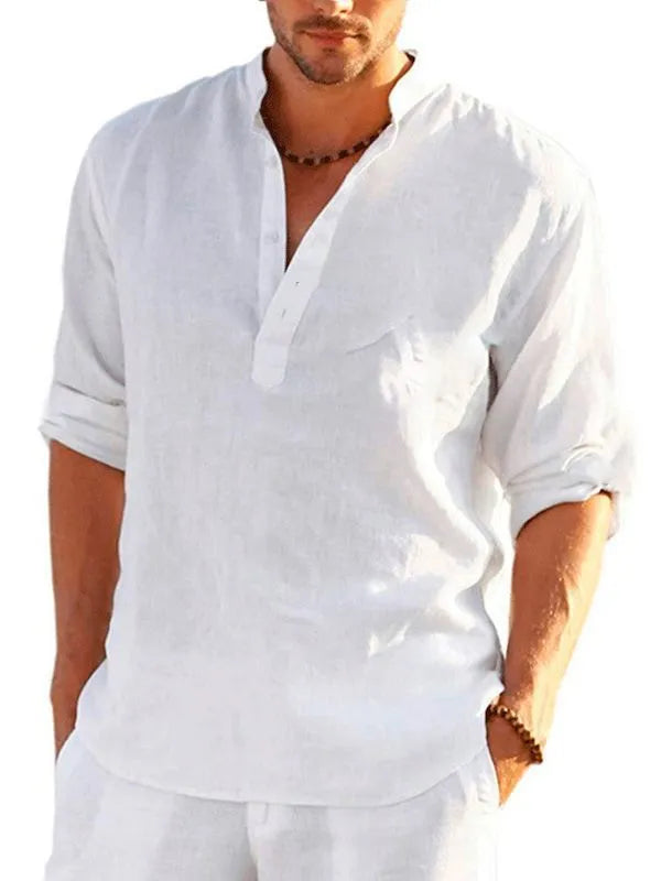 Short sleeve bamboo hemp pullover shirt with striped pattern and long sleeves.