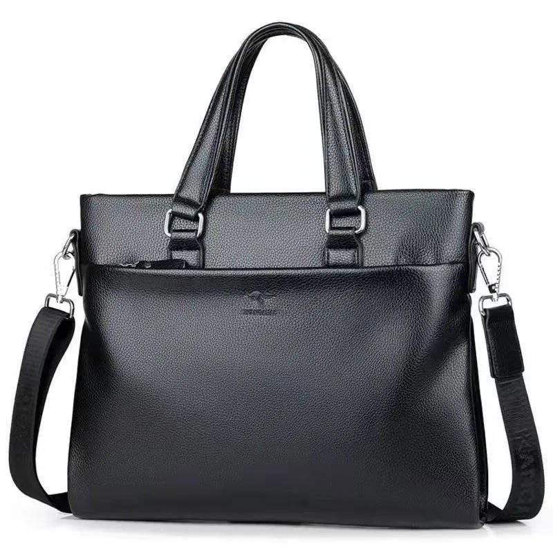 Men's black and brown PU leather business messenger bag with splicing design