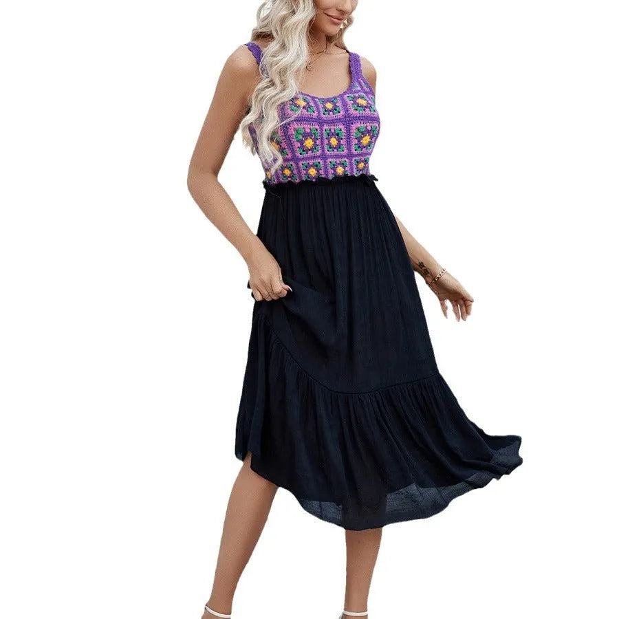 Purple hand hook flower stitching sleeveless dress with floral pattern and acrylic skirt