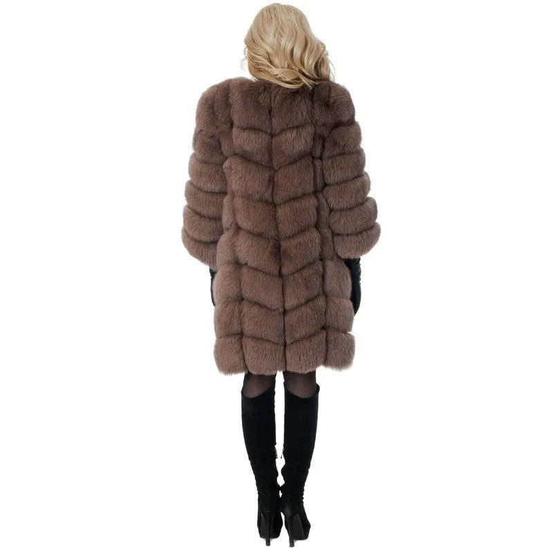 Women's long artificial fur coat in a choice of colours including black, camel, and wine red.
