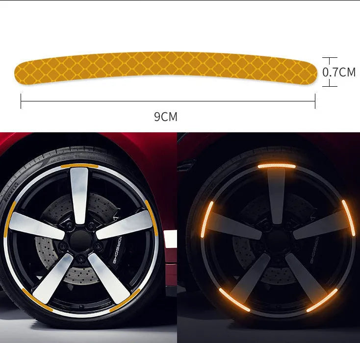 20-piece pack of multicoloured reflective PVC stickers for car and bicycle wheel hubs.