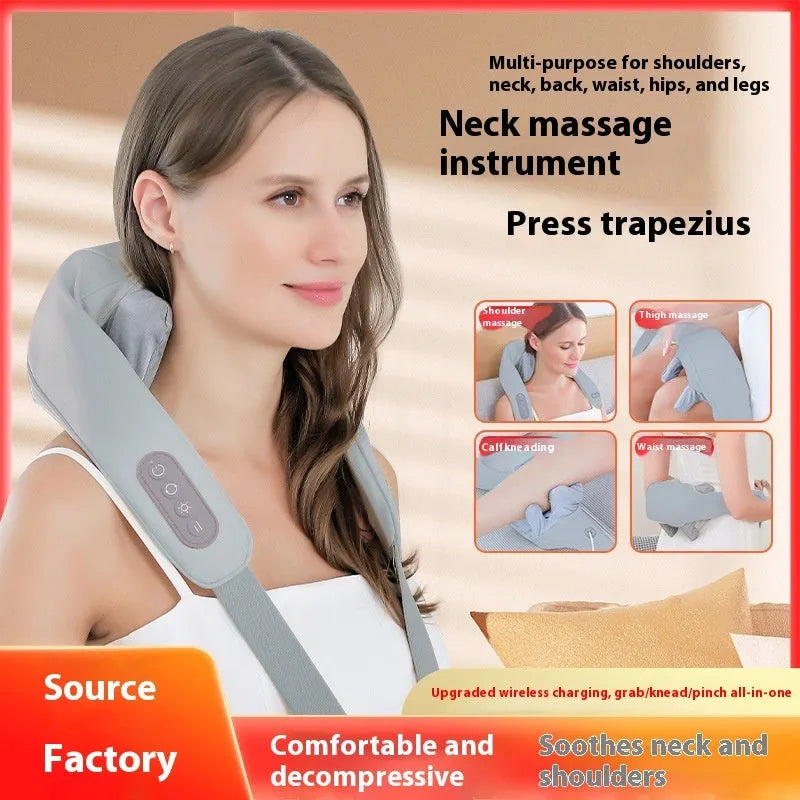 Grey elastic fabric neck and back massager with infrared physiotherapy function and USB charging port