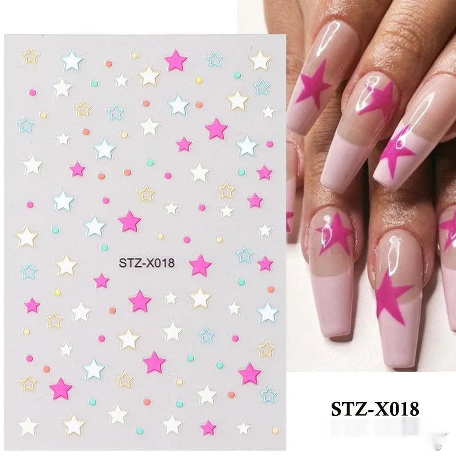 Set of 60 black and silver cartoon pattern nail strip stickers with plastic application patch.