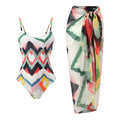 Women's swimsuit options: one-piece, two-piece, and style with detachable hip skirt in printed polyester fabric.