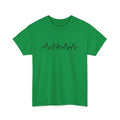 Green cotton t-shirt with white letter print pattern showing short sleeves and regular fit