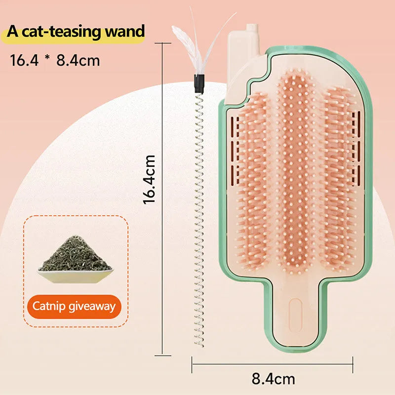 Cat self-grooming toy with textured rubbing corner, mint ball, and feather attachments on a blue background