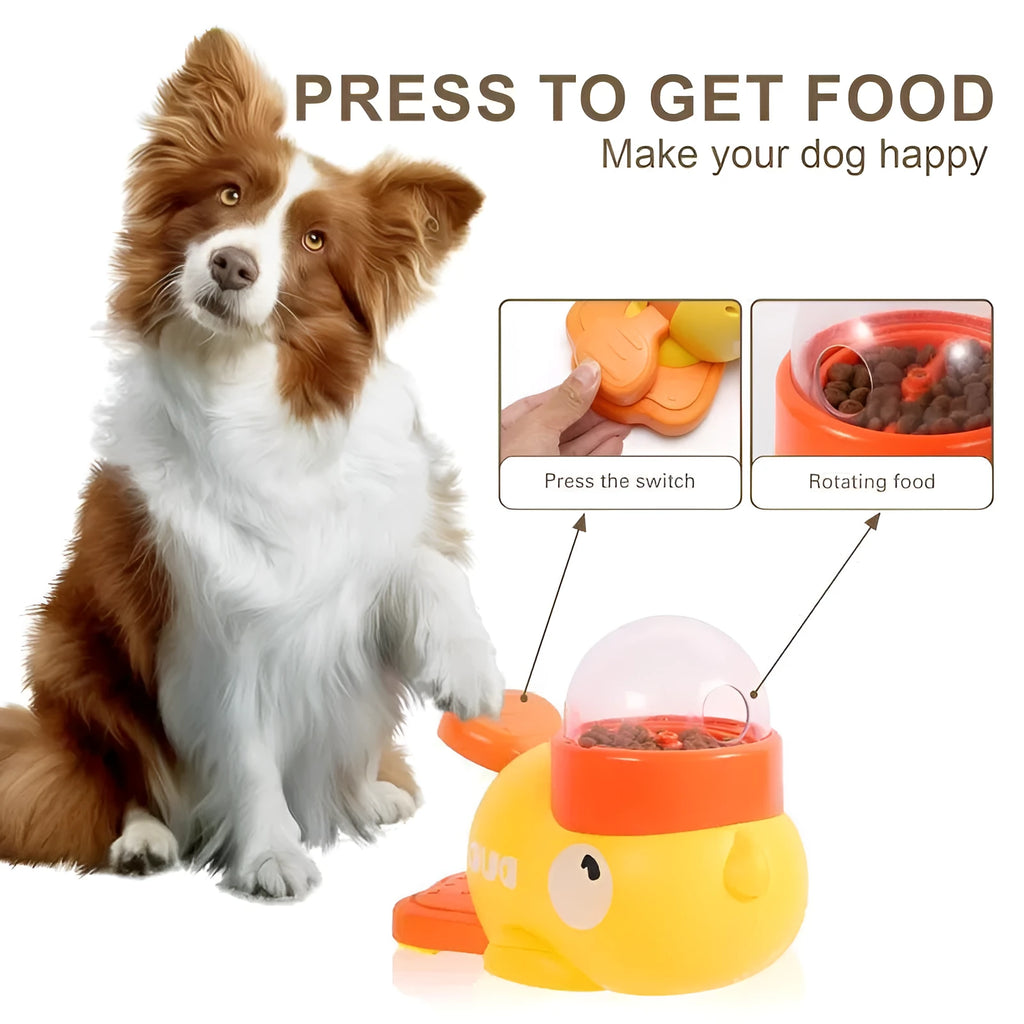 Yellow plastic dog puzzle feeder with cartoon duck design, battery-free interactive treat dispenser