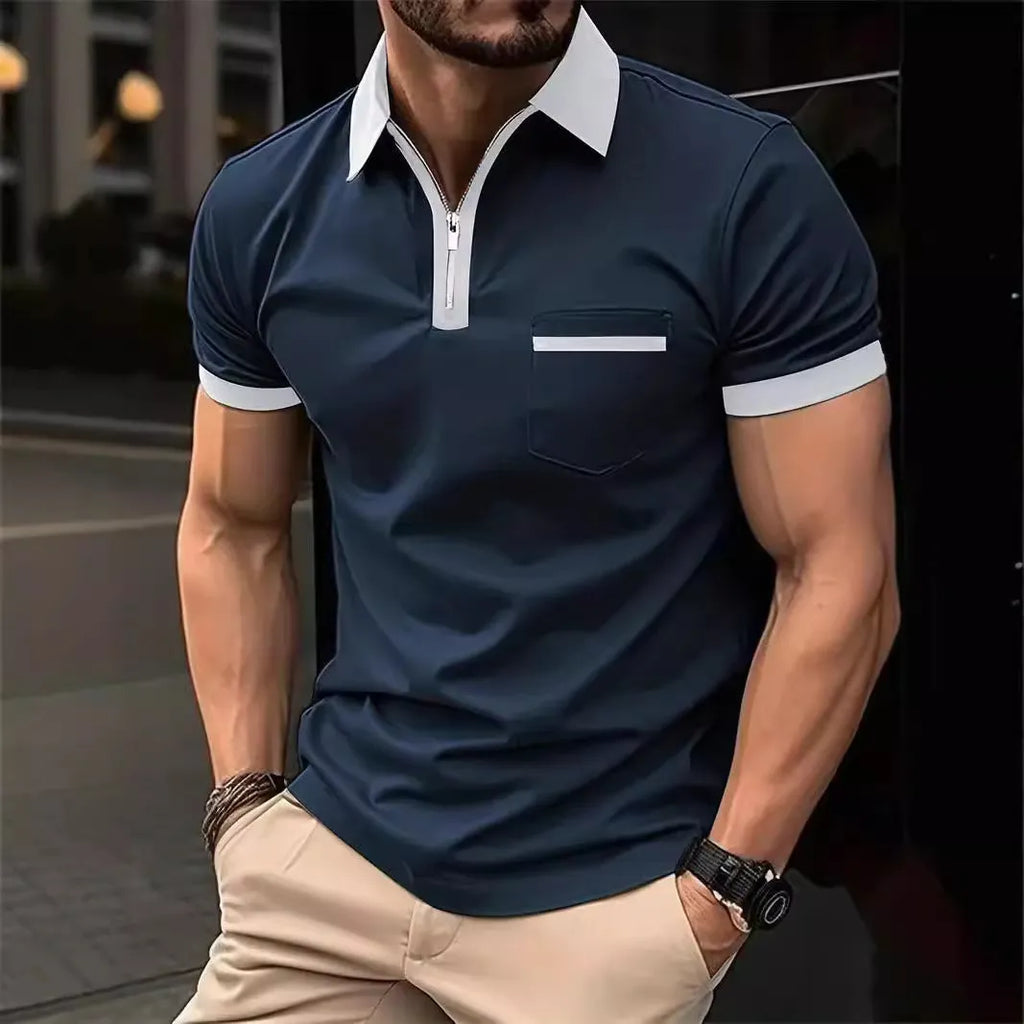 Men's casual short sleeve shirt with chest pocket and zipper decoration in multiple colour collar options