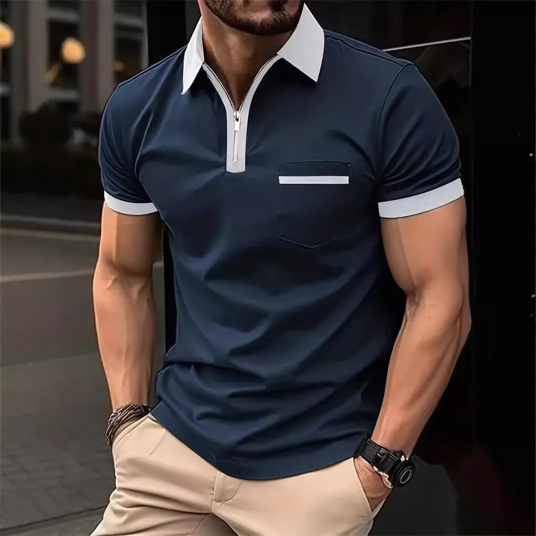 Men's casual short sleeve shirt with chest pocket and zipper decoration in multiple colour collar options