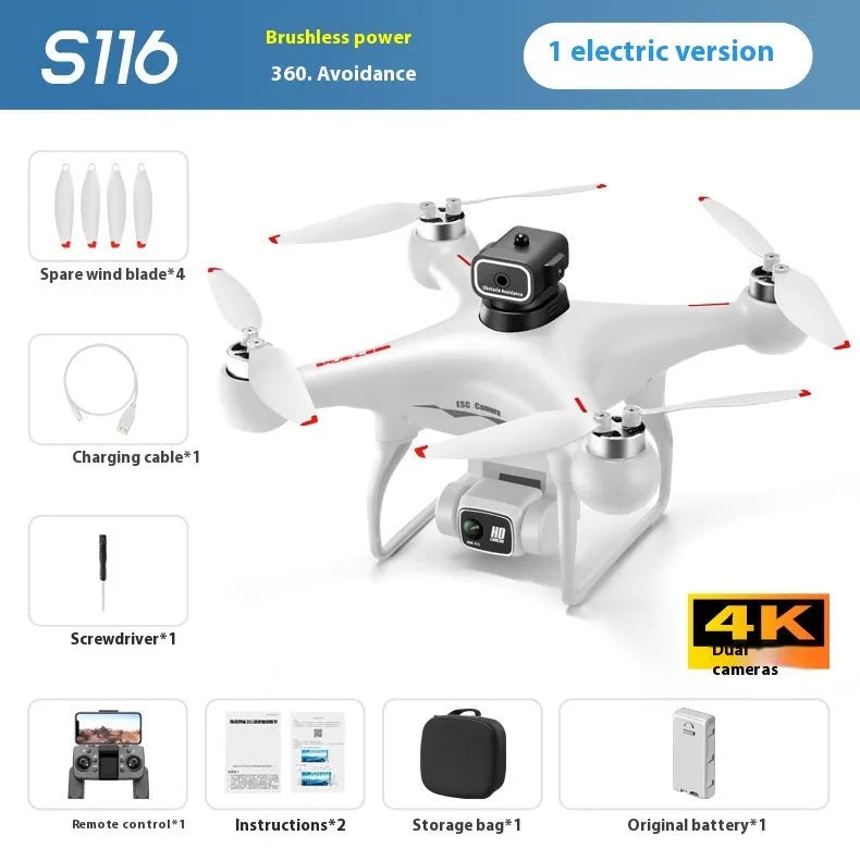 Black HD brushless UAV drone with four-side obstacle avoidance and camera, remote control transmitter beside it