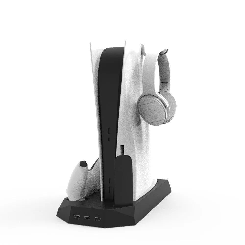 PS5 charging base and radiator stand in black or white with space for console, controllers and headset