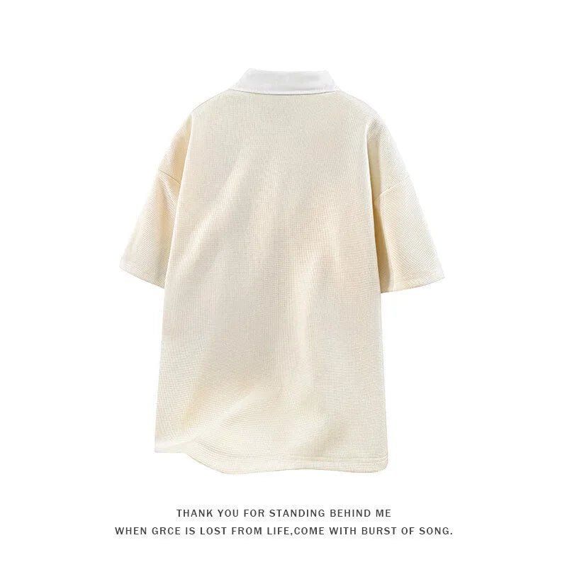 Men's heavy henley collar polo shirt sweater with short sleeves in apricot colour