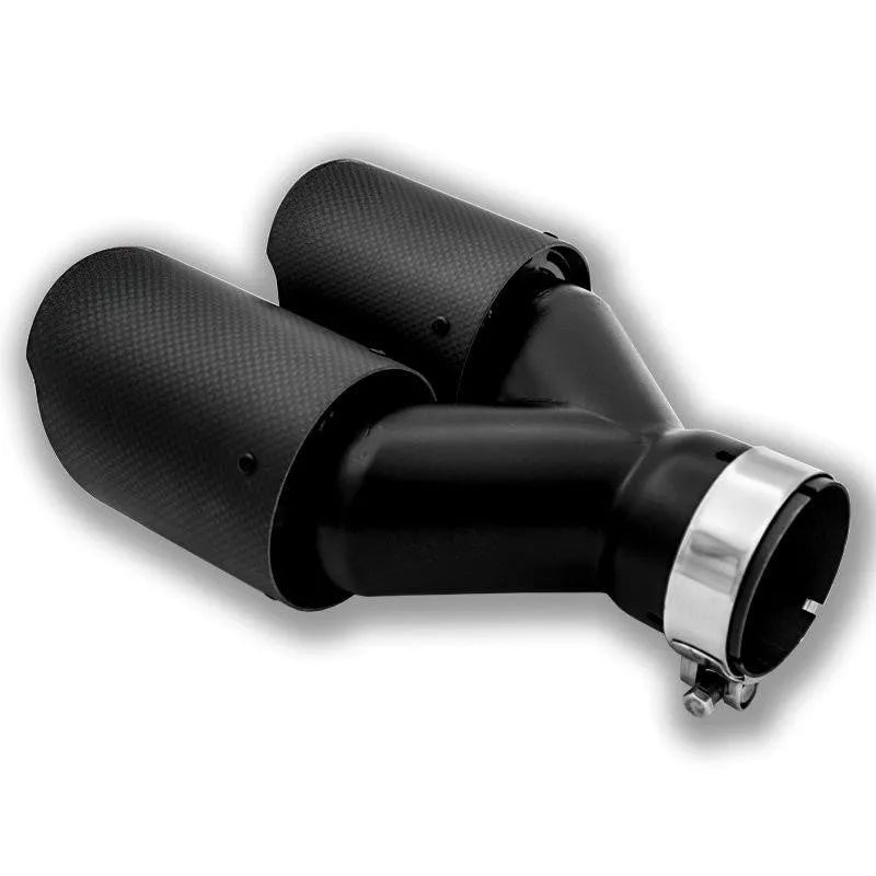 Black carbon fibre dual outlet car exhaust pipe with 250mm sizing for vehicle modification