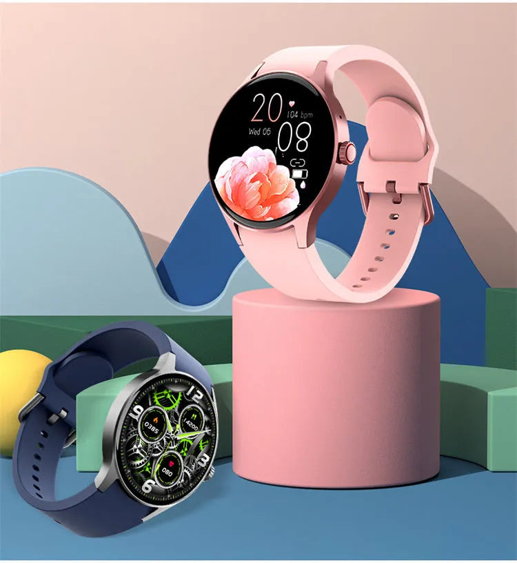 Black Bluetooth sport watch with a round touch screen on a wrist.