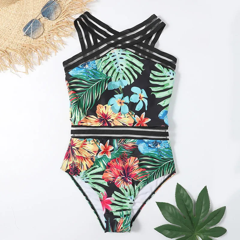 One-piece printed bikini for women in coloured floral pattern on polyester fabric