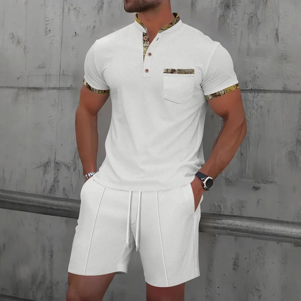 Men's short sleeve waffle polo suit set in solid colour with matching shorts for summer leisure