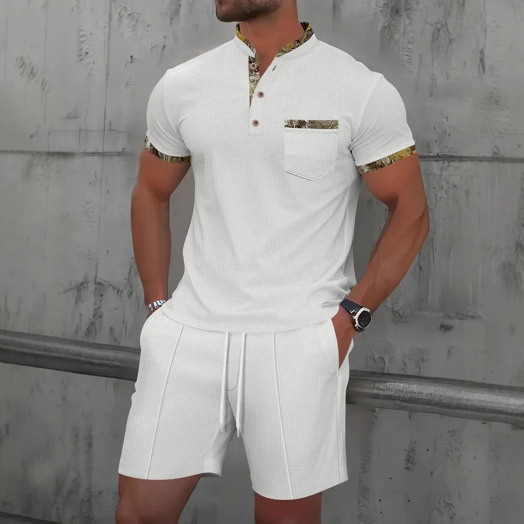 Men's short sleeve waffle polo suit set in solid colour with matching shorts for summer leisure