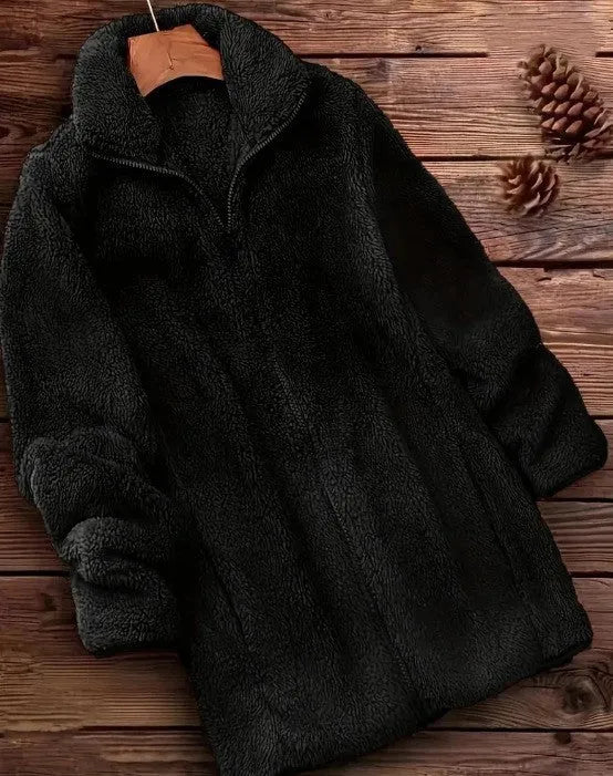 Double-sided fleece jacket in black, navy blue, or khaki colours, showing soft velvet texture and casual fit.