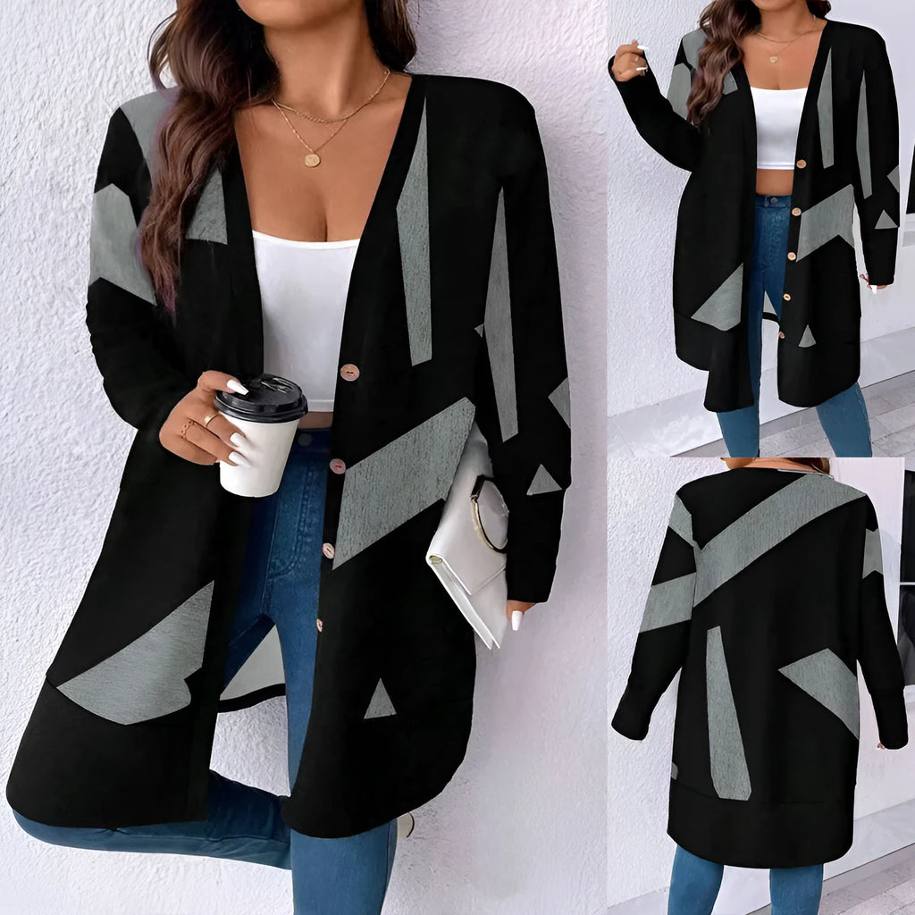 Black loose plus size knit cardigan coat with button front and printing detail.