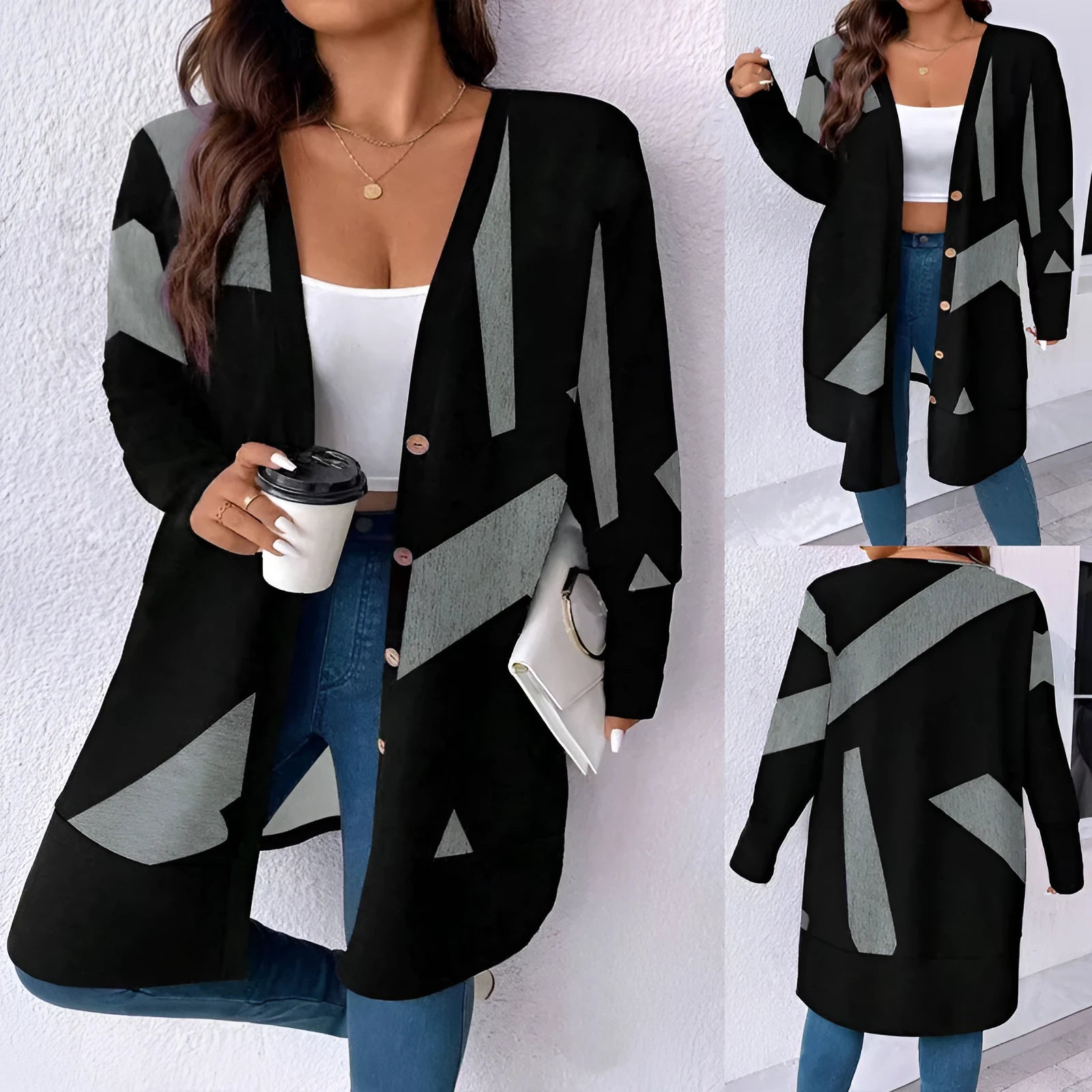 Black loose plus size knit cardigan coat with button front and printing detail.