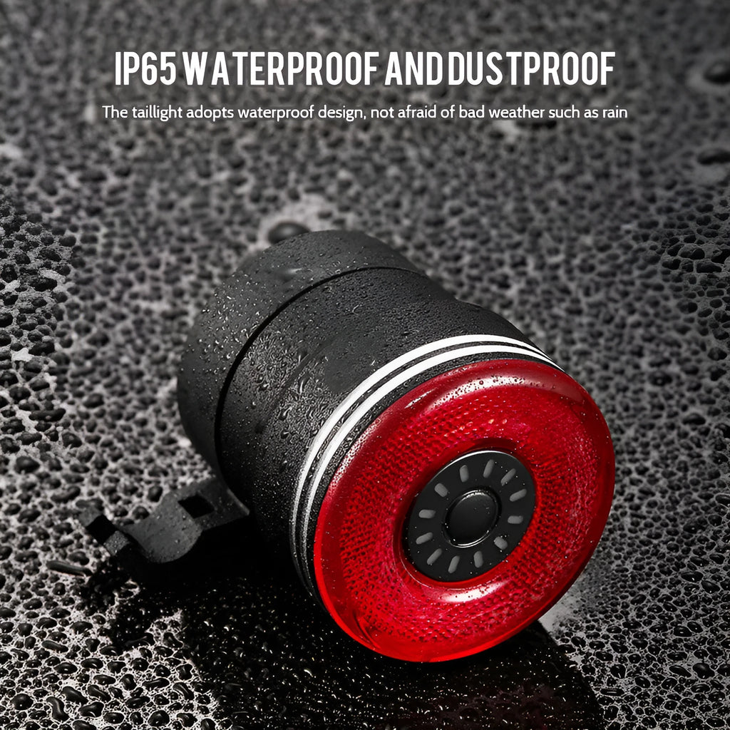 Black aluminium alloy smart brake sensing USB rechargeable bicycle taillight showing compact design.