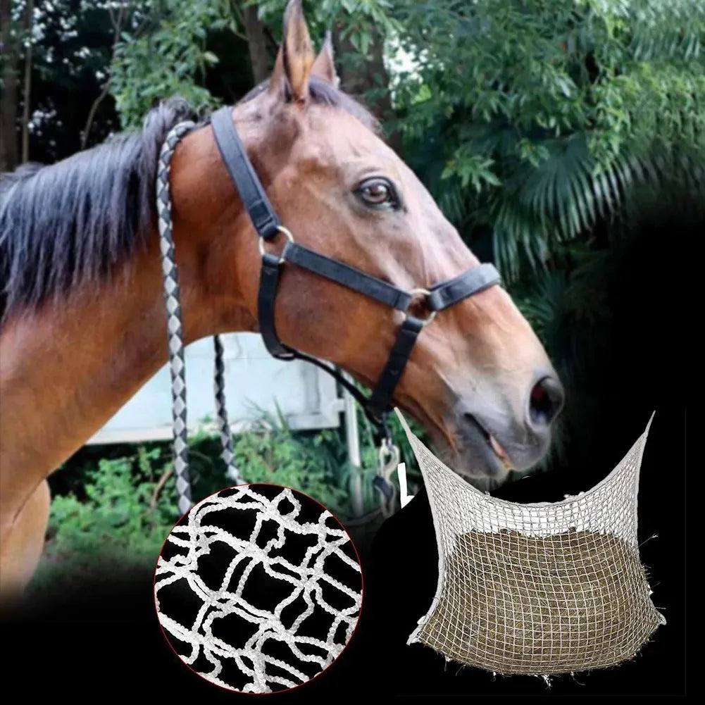 Black woven PE rope mesh feeding bag for horses hanging on a fence
