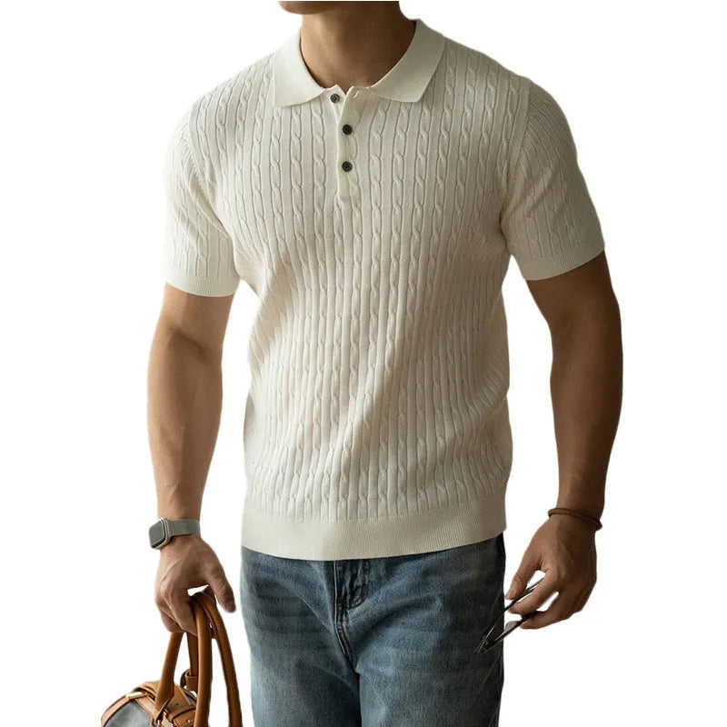 Men's khaki business commute short sleeve top showing Asian sizing options and fabric composition details
