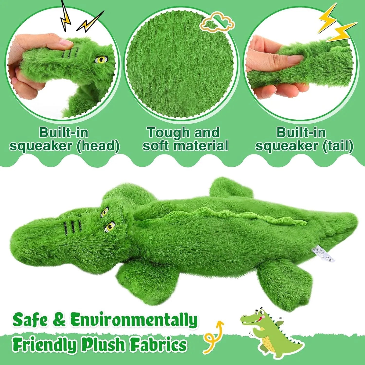 Green crocodile plush dog toy with no stuffing, for aggressive chewers with squeaker and crinkle sounds.
